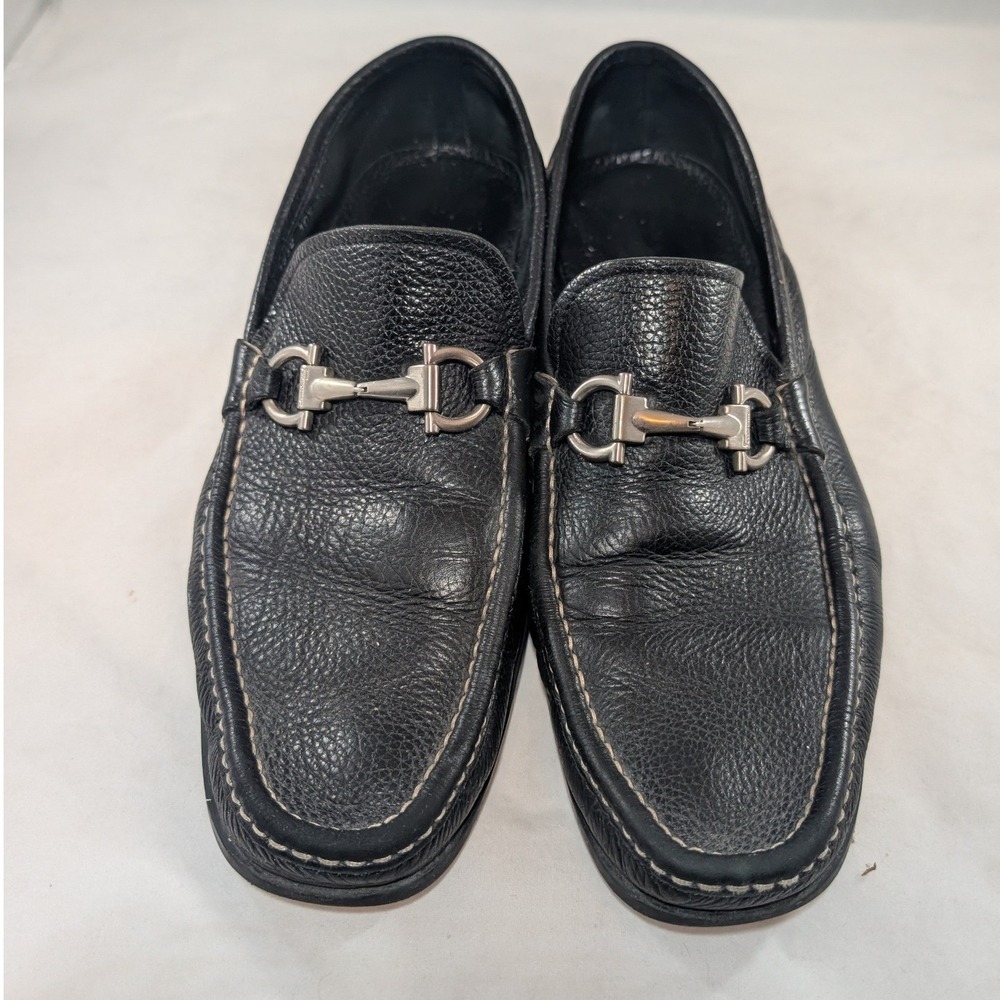 Salvatore Ferragamo Mens Gancini Bit Pebbled Leather Loafers Black 10.5 EE